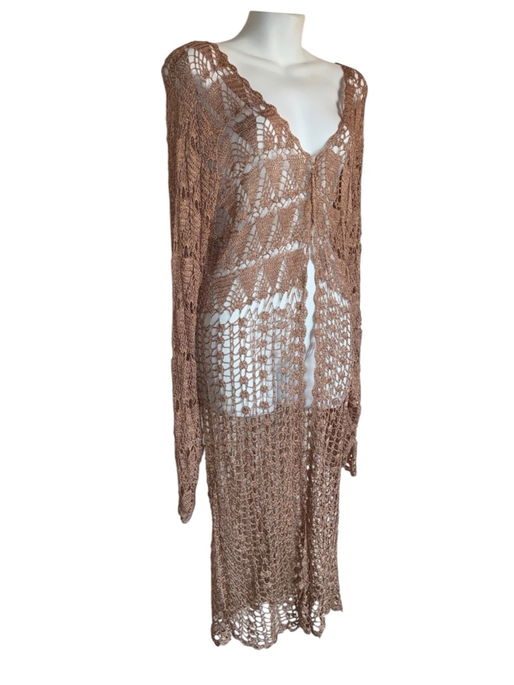Bette Sung long Cardigan Sweater, women XL Dusty Rose, Open-Knit Duster euc
